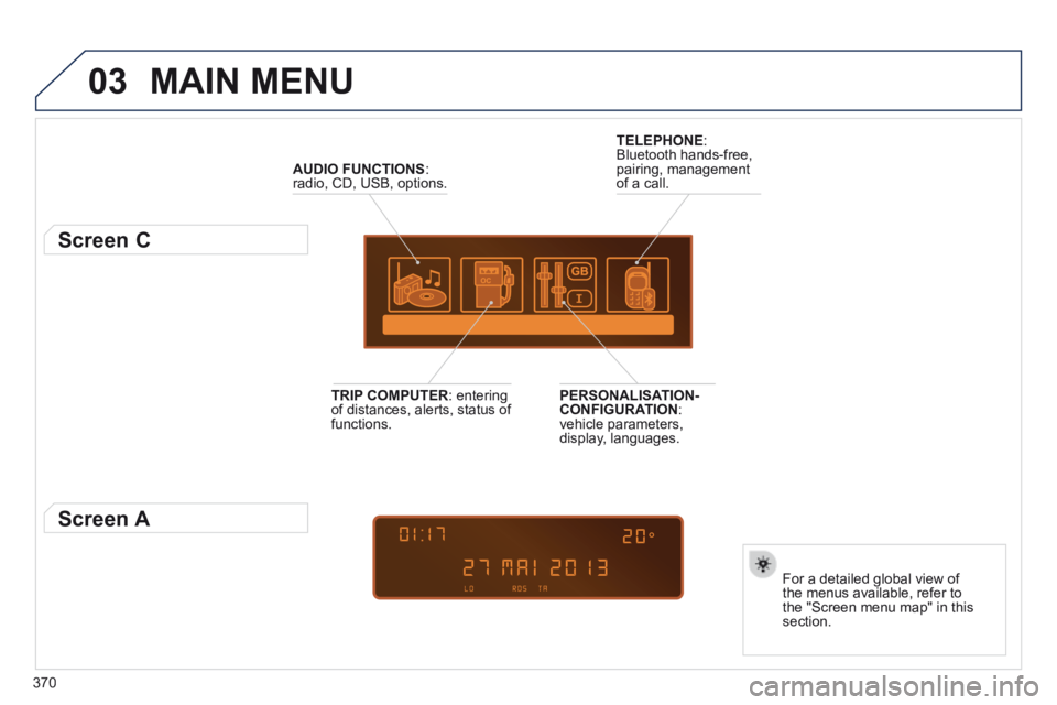 PEUGEOT 5008 2014  Owners Manual 370
03 MAIN  MENU 
AUDIO FUNCTIONS : radio, CD, USB, options.  
          Screen C 
  For a detailed global view of the menus available, refer to the "Screen menu map" in this section.   
TELEPHONE : 
