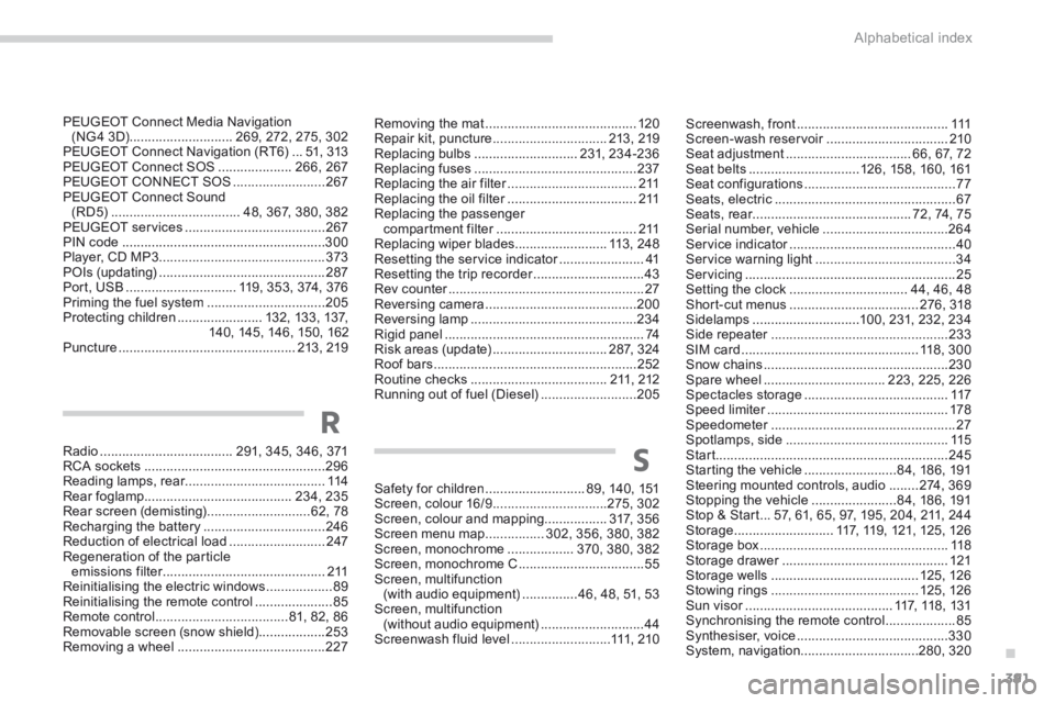 PEUGEOT 5008 2014  Owners Manual .
Alphabetical index391
Screenwash, front .........................................111Screen-wash reservoir .................................Screen-wash reservoir .................................Scre
