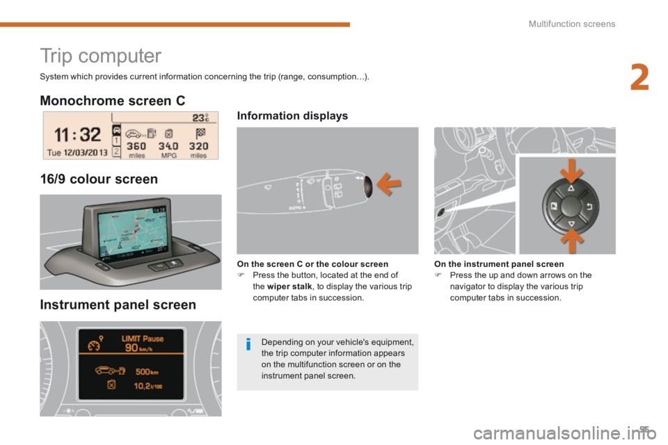 PEUGEOT 5008 2014  Owners Manual 2
Multifunction screens55
  Monochrome  screen  C  
  Instrument  panel  screen 
  16/9  colour  screen  
         Trip computer 
  Information  displays  
On the screen C or the colour screen   Pr