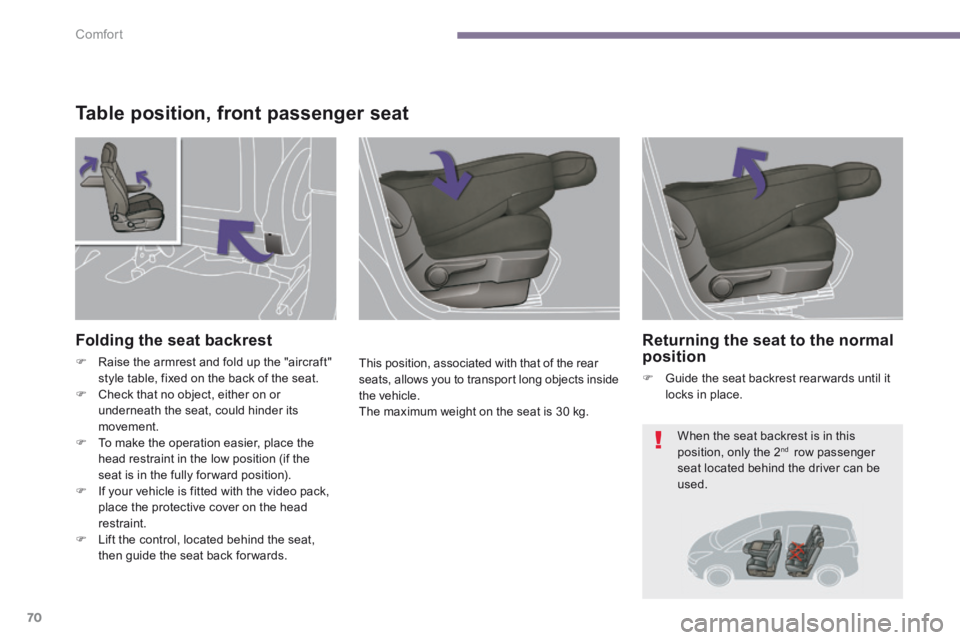 PEUGEOT 5008 2014  Owners Manual Comfort
70
Table position, front passenger seat 
  This position, associated with that of the rear seats, allows you to transport long objects inside the vehicle.  The maximum weight on the seat is 30