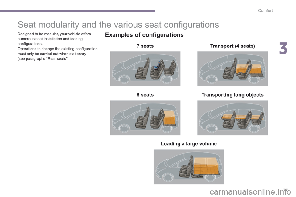 PEUGEOT 5008 2014  Owners Manual 3
Comfort77
               Seat modularity and the various seat conﬁ gurations 
  Examples  of  configurations 
  7  seats  
  Transporting  long  objects    5  seats  
  Transport  (4  seats)  
  L