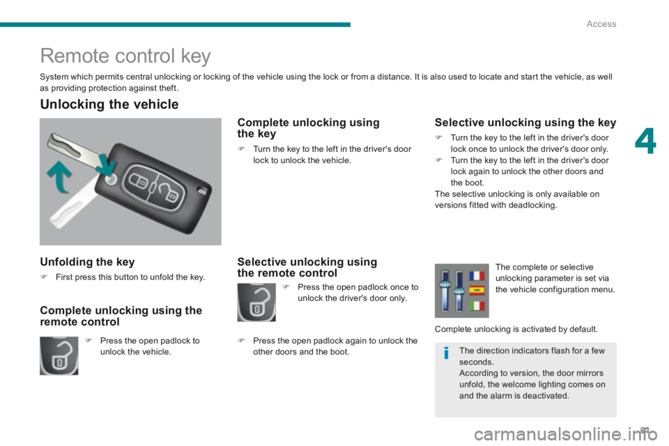 PEUGEOT 5008 2014 Owners Manual 4
Access81
Unfolding the key
First press this button to unfold the key.
Unlocking the vehicle
Press the open padlock to unlock the vehicle.
Complete unlocking using the PEUGEOT 5008 2014 Owners Manual 4
Access81
Unfolding the key
First press this button to unfold the key.
Unlocking the vehicle
Press the open padlock to unlock the vehicle.
Complete unlocking using the