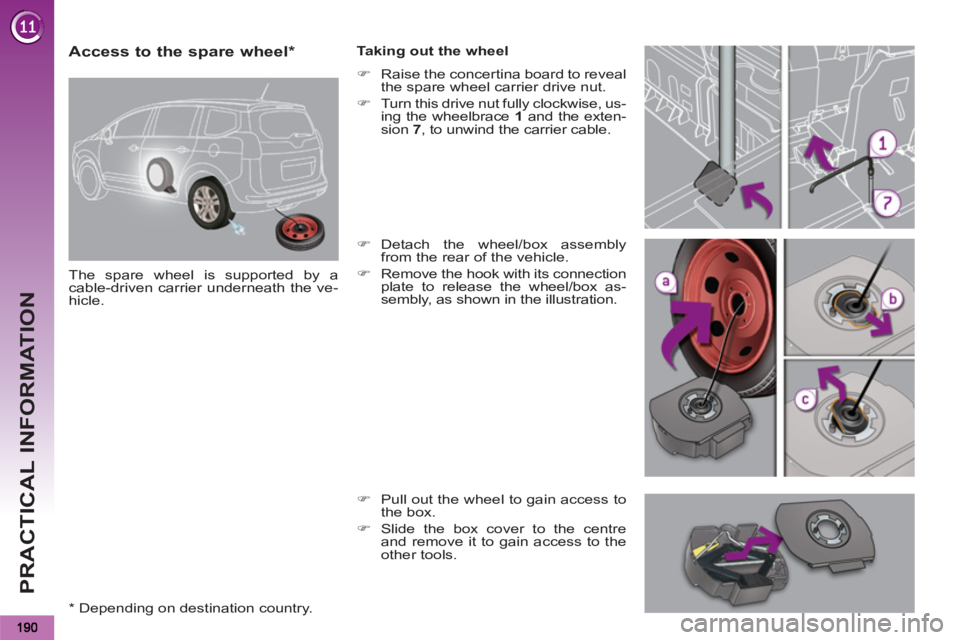 PEUGEOT 5008 2012  Owners Manual PRACTICAL INFORMATION
   
 
 
 
 
 
 
 
 
 
 
 
 
 
 
Access to the spare wheel *  
 
The spare wheel is supported by a 
cable-driven carrier underneath the ve-
hicle.    
Taking out the wheel 
   
 
