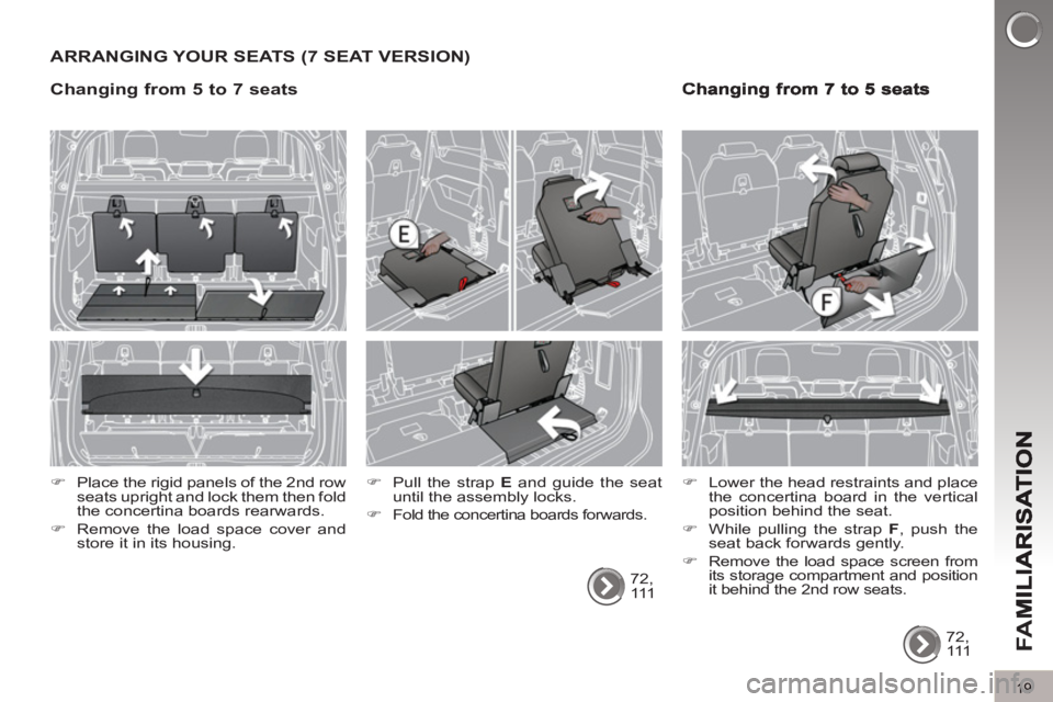 PEUGEOT 5008 2012  Owners Manual FA
M
19
ARRANGING YOUR SEATS (7 SEAT VERSION) 
  72, 
111       
�) 
  Pull the strap  E 
 and guide the seat 
until the assembly locks. 
   
�) 
  Fold the concertina boards forwards.     
 
�) 
  Lo