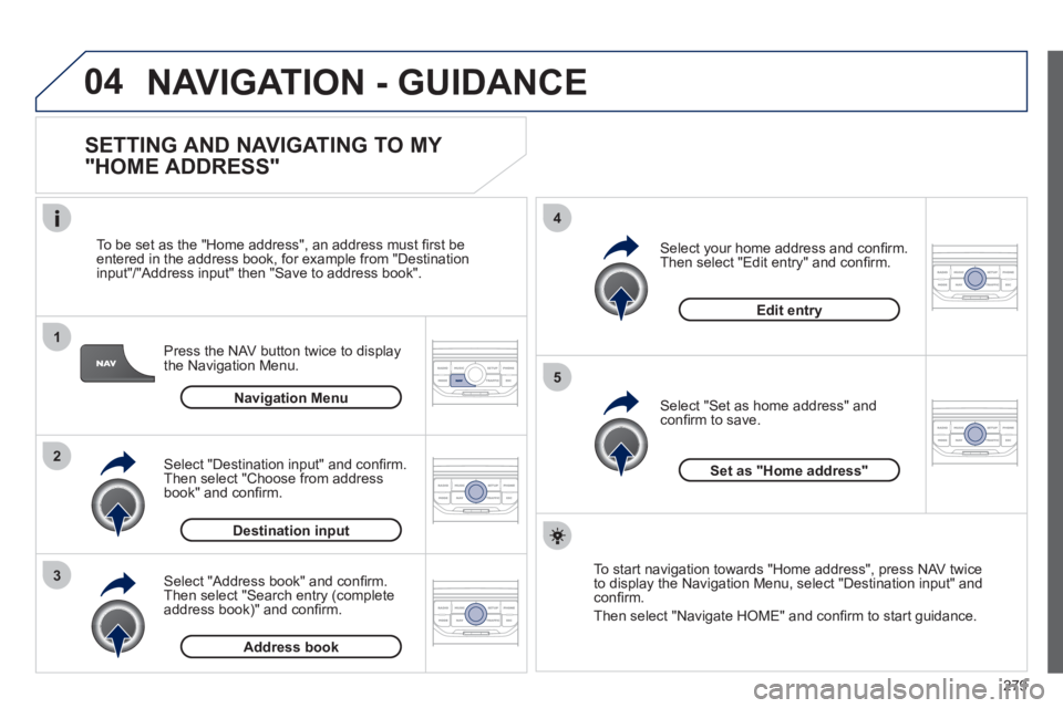 PEUGEOT 5008 2012  Owners Manual 279
04
1
2
3
5
4
  NAVIGATION - GUIDANCE
 
 
SETTING AND NAVIGATING TO MY 
"HOME ADDRESS" 
Press the NAV button twice to display 
the Navigation Menu.     
To be set as the "Home address"
, an address