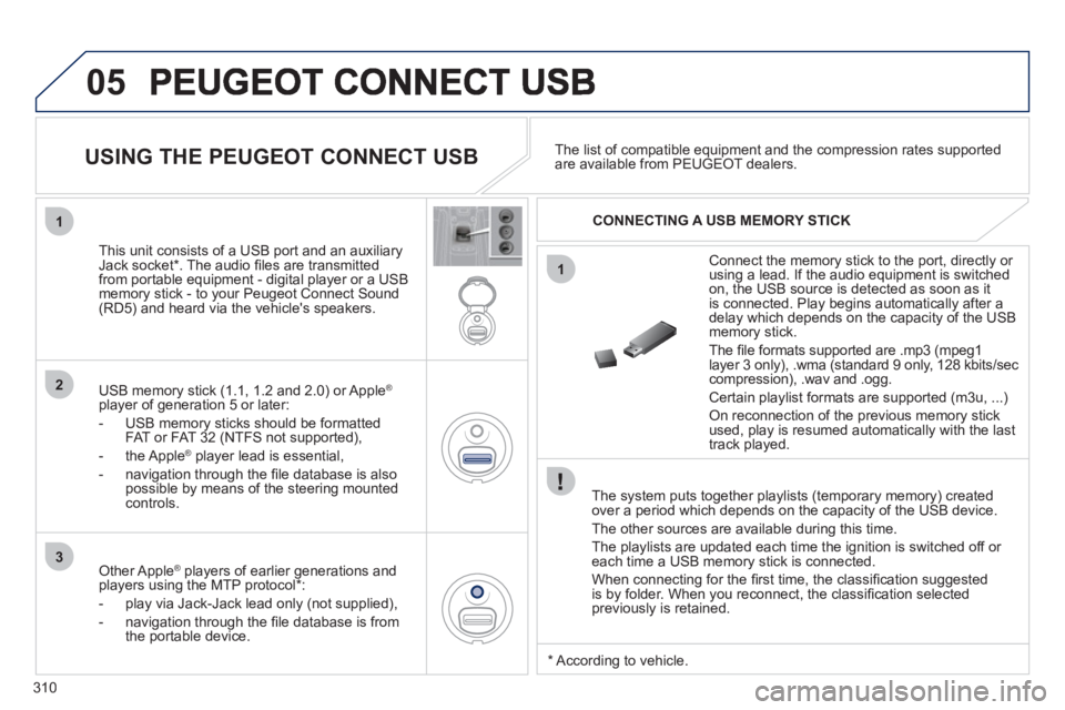 PEUGEOT 5008 2012 Owners Manual 310
05
1
1
2
3
The system puts together playlists (temporary memory) createdover a period which depends on the capacity of the USB device.
The other sources are available durin
g this time.
T PEUGEOT 5008 2012 Owners Manual 310
05
1
1
2
3
The system puts together playlists (temporary memory) createdover a period which depends on the capacity of the USB device.
The other sources are available durin
g this time.
T