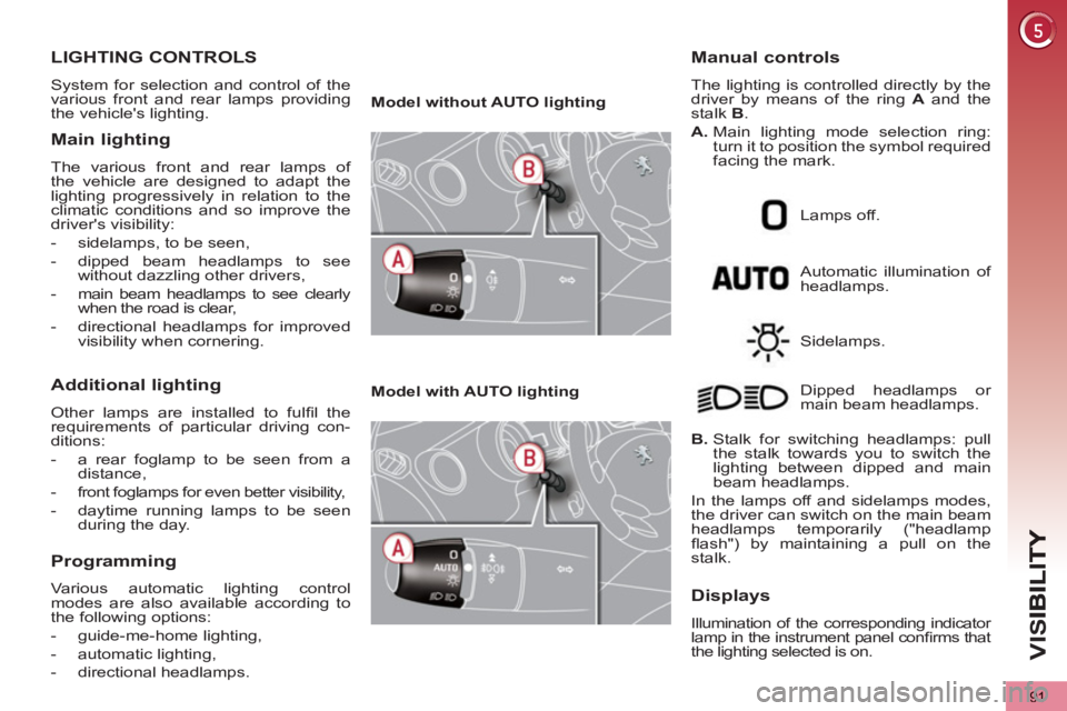 PEUGEOT 5008 2012  Owners Manual VIS
91
LIGHTING CONTROLS 
  System for selection and control of the 
various front and rear lamps providing 
the vehicles lighting. 
Main lighting 
  The various front and rear lamps of 
the vehicle 