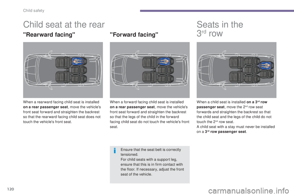 PEUGEOT 5008 2015 Owners Manual 120
Child seat at the rear
"Rearward facing"
When a rear ward facing child seat is installed
on a rear passenger seat, move the vehicle's
front seat for ward and straighten the backrest PEUGEOT 5008 2015 Owners Manual 120
Child seat at the rear
"Rearward facing"
When a rear ward facing child seat is installed
on a rear passenger seat, move the vehicle's
front seat for ward and straighten the backrest