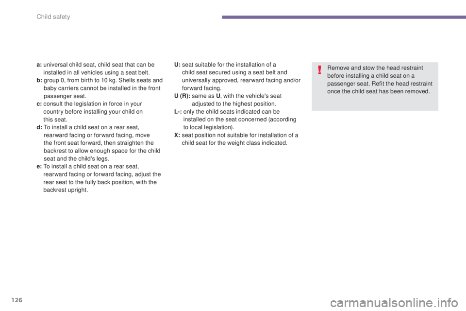 PEUGEOT 5008 2015 Owners Manual 126
a: universal child seat, child seat that can be
installed in all vehicles using a seat belt.
b:
g
roup 0, from birth to 10 kg. Shells seats and
baby carriers cannot be installed in the fr PEUGEOT 5008 2015 Owners Manual 126
a: universal child seat, child seat that can be
installed in all vehicles using a seat belt.
b:
g
roup 0, from birth to 10 kg. Shells seats and
baby carriers cannot be installed in the fr