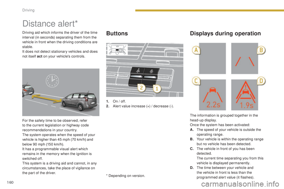 PEUGEOT 5008 2015  Owners Manual 160
Distance alert*
For the safety time to be observed, refer 
to the current legislation or highway code 
recommendations in your country.
The system operates when the speed of your 
vehicle is highe