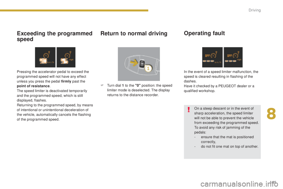 PEUGEOT 5008 2015  Owners Manual 165
Exceeding the programmed 
speedReturn to normal driving
Operating fault
On a steep descent or in the event of 
sharp acceleration, the speed limiter 
will not be able to prevent the vehicle 
from 