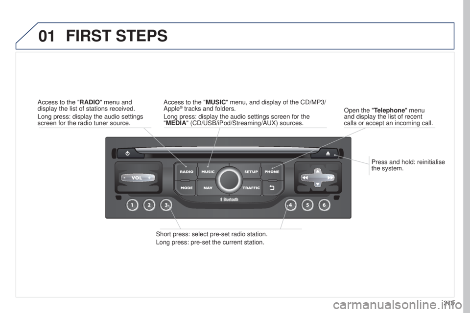 PEUGEOT 5008 2015  Owners Manual 01
275
Press and hold: reinitialise 
the system.
Open the "Telephone" menu 
and display the list of recent 
calls or accept an incoming call.
FIRST STEPS
Short press: select pre-set radio stat