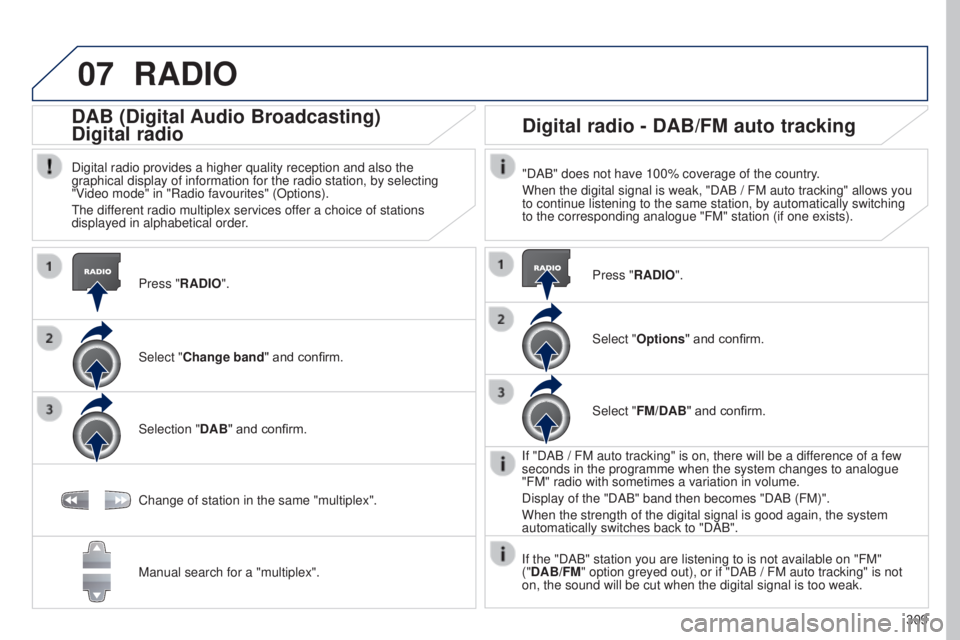 PEUGEOT 5008 2015  Owners Manual 07
309
RADIO
Press "RADIO".
DAB (Digital Audio Broadcasting) 
Digital radio
Digital radio provides a higher quality reception and also the 
graphical display of information for the radio stati