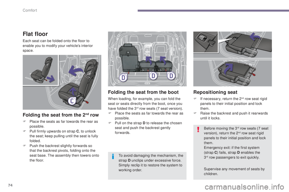 PEUGEOT 5008 2015 Owners Manual 74
Flat floor
Each seat can be folded onto the floor to
enable you to modify your vehicle’s interior
space.
Folding the seat from the 2nd row
F Place the seats as far towards the rear as possible. PEUGEOT 5008 2015 Owners Manual 74
Flat floor
Each seat can be folded onto the floor to
enable you to modify your vehicle’s interior
space.
Folding the seat from the 2nd row
F Place the seats as far towards the rear as possible.