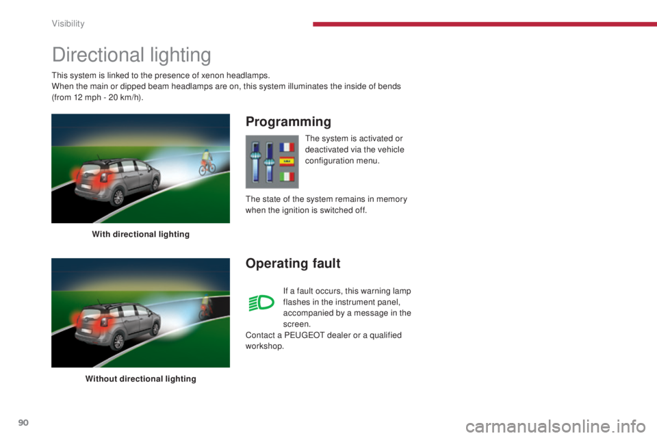 PEUGEOT 5008 2015  Owners Manual 90
Directional lighting
With directional lighting
Without directional lighting
Programming
Operating fault
The system is activated or 
deactivated via the vehicle 
configuration menu.
If a fault occur
