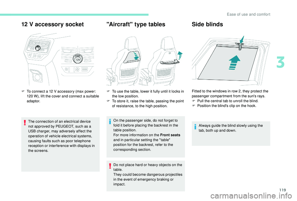 PEUGEOT 5008 2017 Owners Manual 119
12 V accessory socket
F To connect a 12 V accessory (max power:
120 W), lift the cover and connect a suitable
adaptor.
The connection of an electrical device
not approved by PEUGEOT, such a PEUGEOT 5008 2017 Owners Manual 119
12 V accessory socket
F To connect a 12 V accessory (max power:
120 W), lift the cover and connect a suitable
adaptor.
The connection of an electrical device
not approved by PEUGEOT, such a
