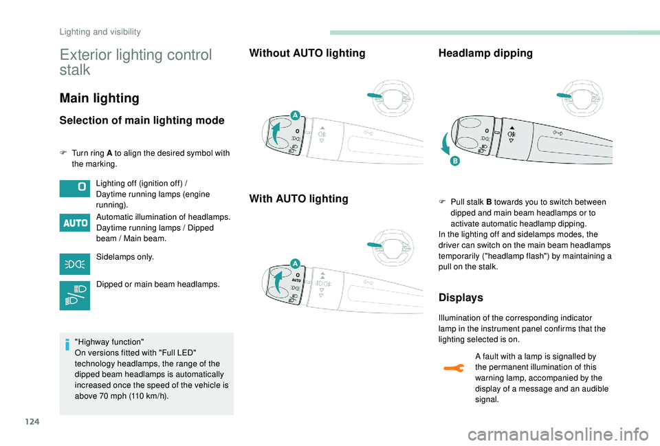 PEUGEOT 5008 2017 Owners Manual 124
Exterior lighting control
stalk
Main lighting
Selection of main lighting mode
F Turn ring A to align the desired symbol with the marking.
Automatic illumination of headlamps.
Daytime running lamp PEUGEOT 5008 2017 Owners Manual 124
Exterior lighting control
stalk
Main lighting
Selection of main lighting mode
F Turn ring A to align the desired symbol with the marking.
Automatic illumination of headlamps.
Daytime running lamp
