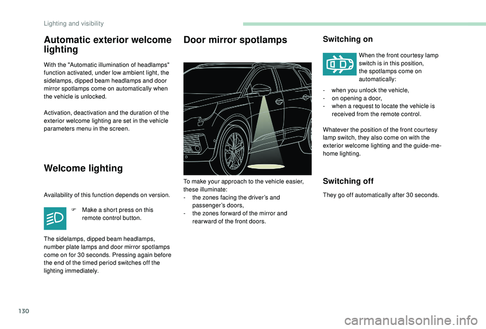 PEUGEOT 5008 2017 Owners Manual 130
Automatic exterior welcome
lighting
With the "Automatic illumination of headlamps"
function activated, under low ambient light, the
sidelamps, dipped beam headlamps and door
mirror spo PEUGEOT 5008 2017 Owners Manual 130
Automatic exterior welcome
lighting
With the "Automatic illumination of headlamps"
function activated, under low ambient light, the
sidelamps, dipped beam headlamps and door
mirror spo