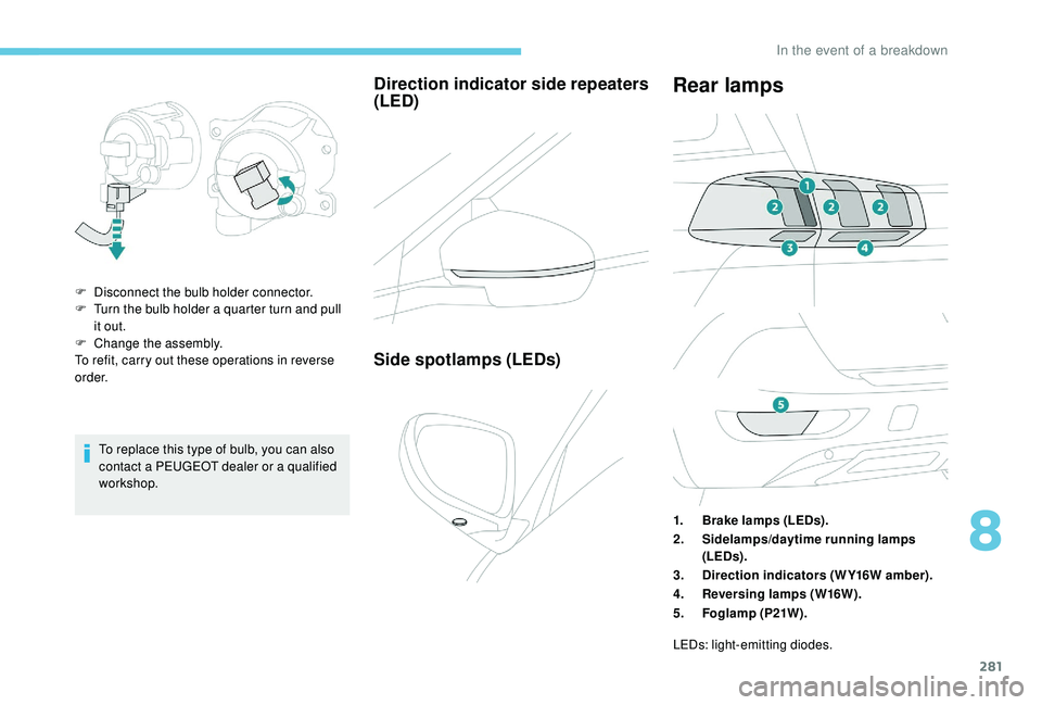PEUGEOT 5008 2017  Owners Manual 281
To replace this type of bulb, you can also 
contact a PEUGEOT dealer or a qualified 
workshop.
Direction indicator side repeaters 
(LED)
F Disconnect the bulb holder connector.
F T urn the bulb ho