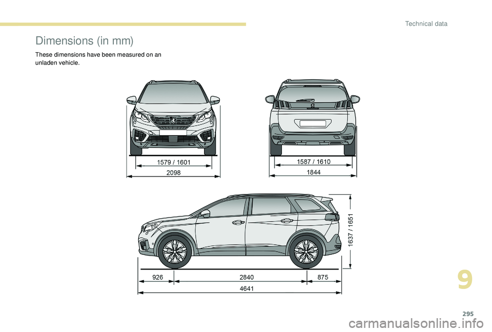 PEUGEOT 5008 2017  Owners Manual 295
Dimensions (in mm)
These dimensions have been measured on an 
unladen vehicle.
9 
Technical data  