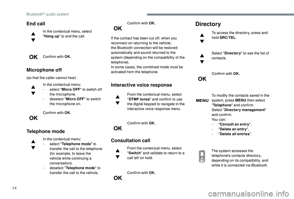 PEUGEOT 5008 2017 Owners Manual 14
End call
In the contextual menu, select
"Hang up " to end the call.
Confirm with OK.
Microphone off
(so that the caller cannot hear) In the contextual menu:
-
s
elect "Micro OFF PEUGEOT 5008 2017 Owners Manual 14
End call
In the contextual menu, select
"Hang up " to end the call.
Confirm with OK.
Microphone off
(so that the caller cannot hear) In the contextual menu:
-
s
elect "Micro OFF