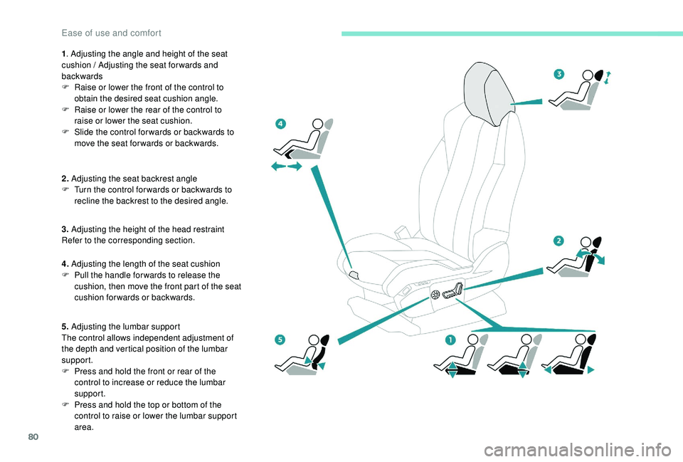 PEUGEOT 5008 2017 Owners Manual 80
1. Adjusting the angle and height of the seat
cushion / Adjusting the seat forwards and
backwards
F
R
aise or lower the front of the control to
obtain the desired seat cushion angle.
F
R
a PEUGEOT 5008 2017 Owners Manual 80
1. Adjusting the angle and height of the seat
cushion / Adjusting the seat forwards and
backwards
F
R
aise or lower the front of the control to
obtain the desired seat cushion angle.
F
R
a