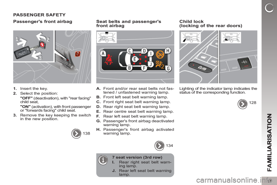 PEUGEOT 5008 2013  Owners Manual FA
M
17
PASSENGER SAFETY 
Passen
gers front airbag 
   
 
1. 
  Insert the key. 
   
2. 
  Select the position:  
 
  "OFF" 
 (deactivation), with "rear facing" 
child seat,  
  "ON" 
 (activation), 
