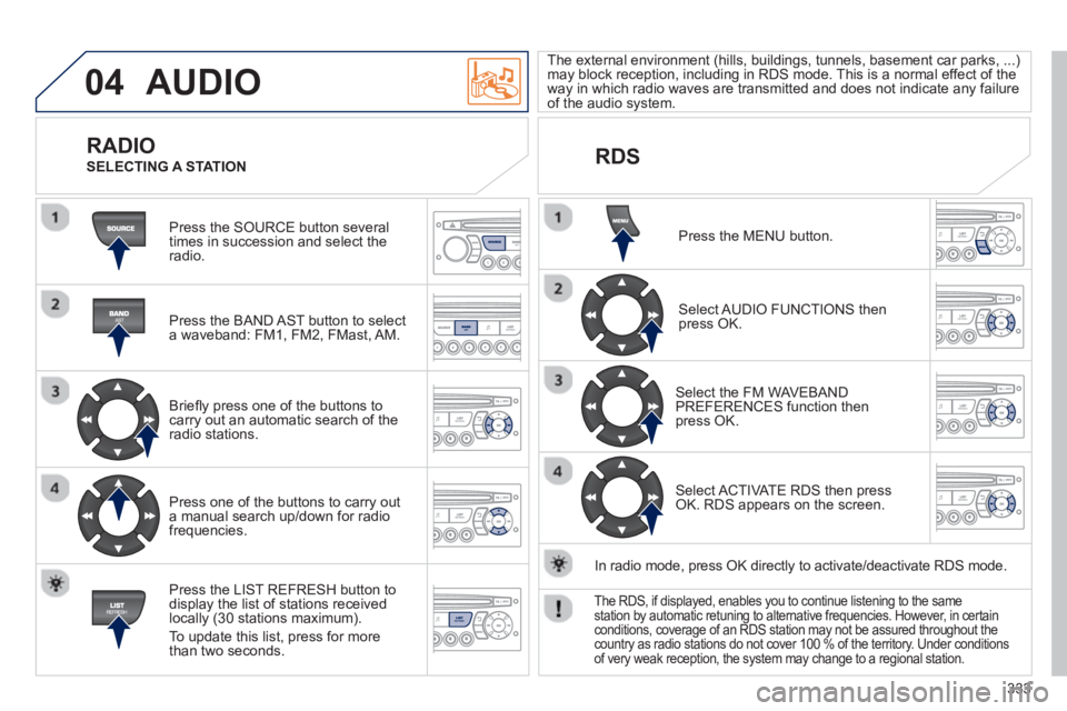 PEUGEOT 5008 2013  Owners Manual 333
04  AUDIO 
 
Press the SOURCE button several 
times in succession and select theradio.  
   
Press the BAND A
ST button to select 
a waveband: FM1, FM2, FMast, AM.  
   
Brieﬂ 
y press one of th