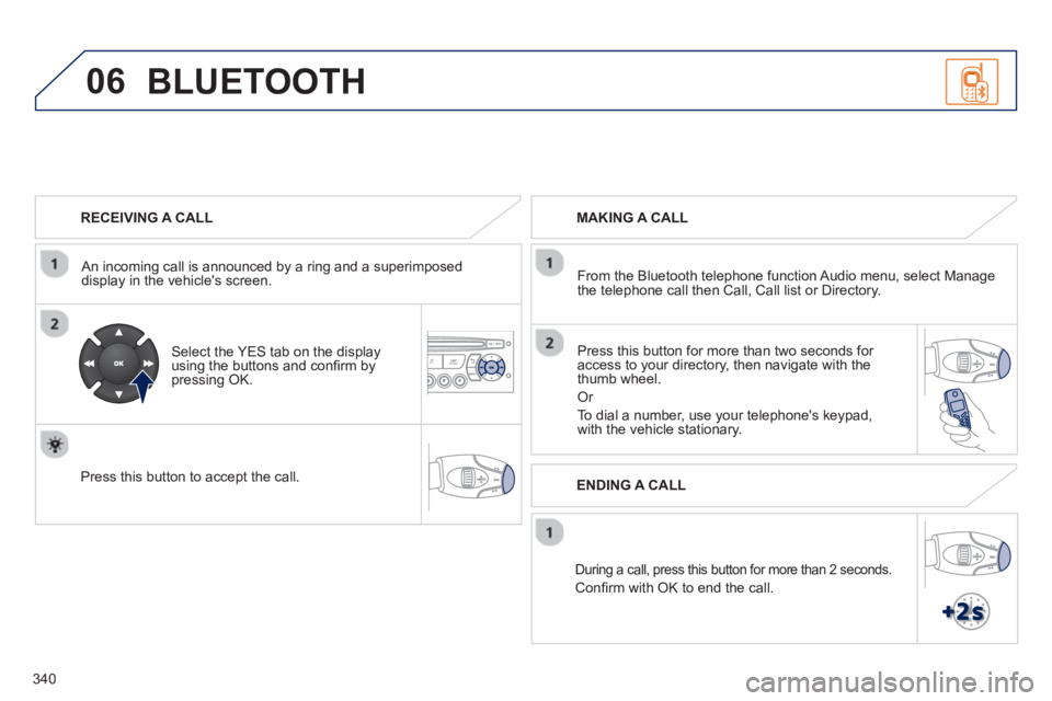 PEUGEOT 5008 2013  Owners Manual 340
06
   
RECEIVING A CALL  
   
An incomin
g call is announced by a ring and a superimposed 
display in the vehicles screen.  
   
Select the YES tab on the display 
using the buttons and conﬁ rm