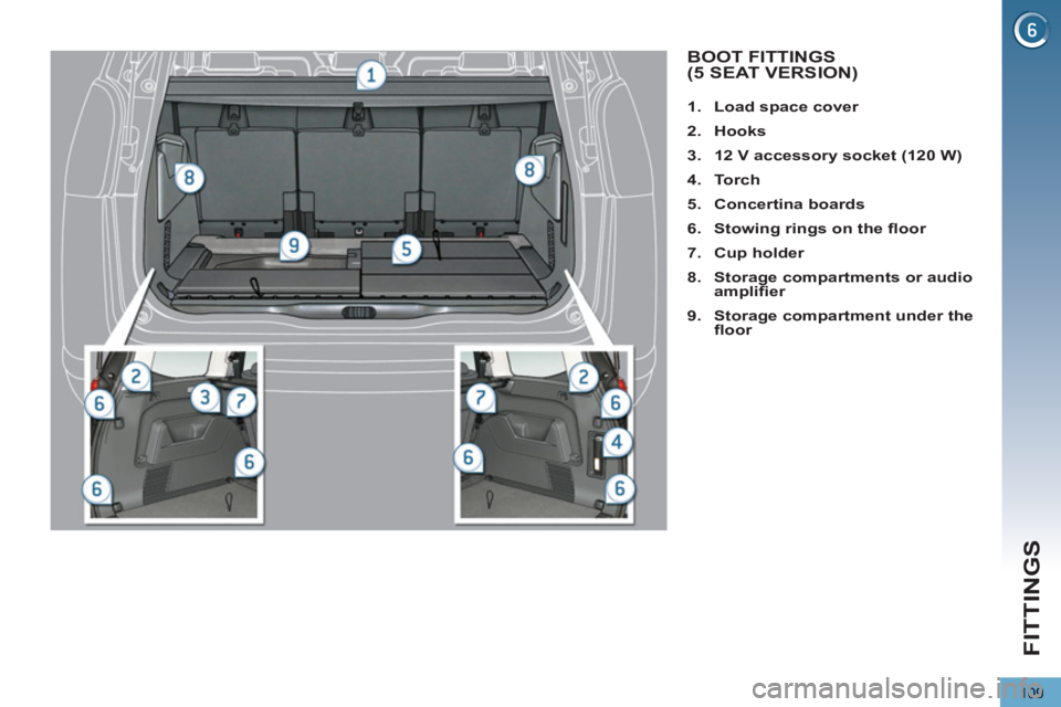 PEUGEOT 5008 2011  Owners Manual FITTINGS
109
BOOT FITTINGS (5 SEAT VERSION) 
   
 
 
1. 
  Load space cover 
 
   
2. 
  Hooks 
 
   
3. 
  12 V accessory socket (120 W) 
 
   
4. 
  To r c h 
 
   
5. 
  Concertina boards 
 
   
6.