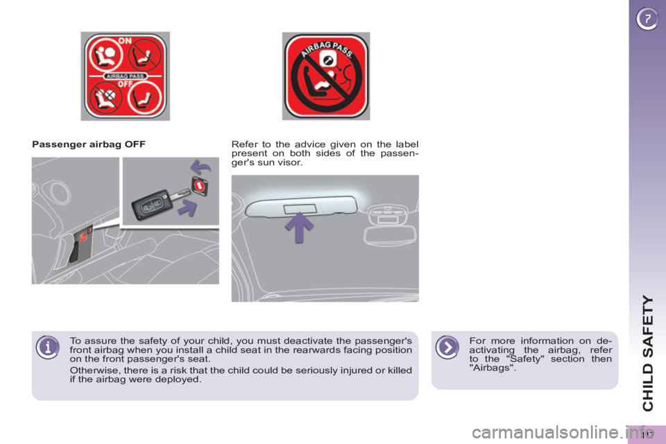PEUGEOT 5008 2011  Owners Manual CHILD SAFETY
11 7
   
 
Passenger airbag OFF  
   
For more information on de-
activating the airbag, refer 
to the "Safety" section then 
"Airbags".      
Refer to the advice given on the label 
pres