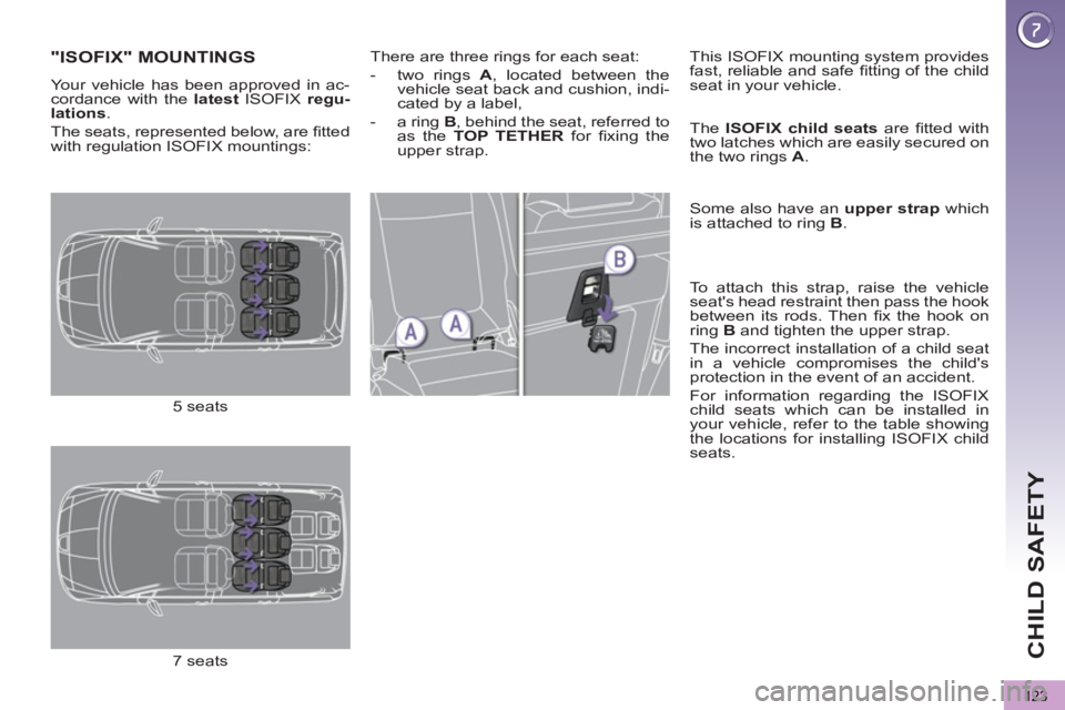 PEUGEOT 5008 2011 Owners Manual CHILD SAFETY
123
"ISOFIX" MOUNTINGS
Your vehicle has been approved in ac-
cordance with the latest
ISOFIX regu-
lation
s
.
The seats, represented below, are fi tted
with regulation ISO PEUGEOT 5008 2011 Owners Manual CHILD SAFETY
123
"ISOFIX" MOUNTINGS
Your vehicle has been approved in ac-
cordance with the latest
ISOFIX regu-
lation
s
.
The seats, represented below, are fi tted
with regulation ISO