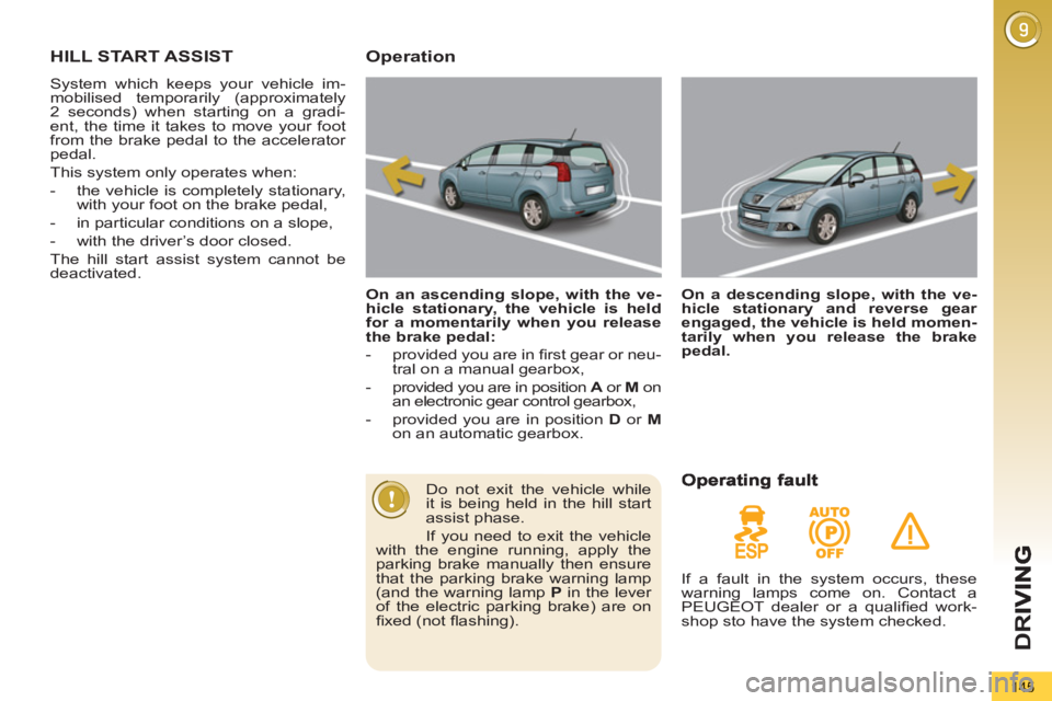 PEUGEOT 5008 2011 Owners Manual D
R
145
HILL START ASSIST
System which keeps your vehicle im-
mobilised temporarily (approximately
2 seconds) when starting on a gradi-
ent, the time it takes to move your foot
from the brake ped PEUGEOT 5008 2011 Owners Manual D
R
145
HILL START ASSIST
System which keeps your vehicle im-
mobilised temporarily (approximately
2 seconds) when starting on a gradi-
ent, the time it takes to move your foot
from the brake ped
