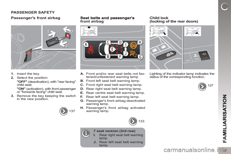 PEUGEOT 5008 2011  Owners Manual FA
M
17
PASSENGER SAFETY 
Passen
gers front airbag 
   
 
1. 
  Insert the key. 
   
2. 
  Select the position:  
  "OFF" 
 (deactivation), with "rear facing" 
child seat,  
  "ON" 
 (activation), wi