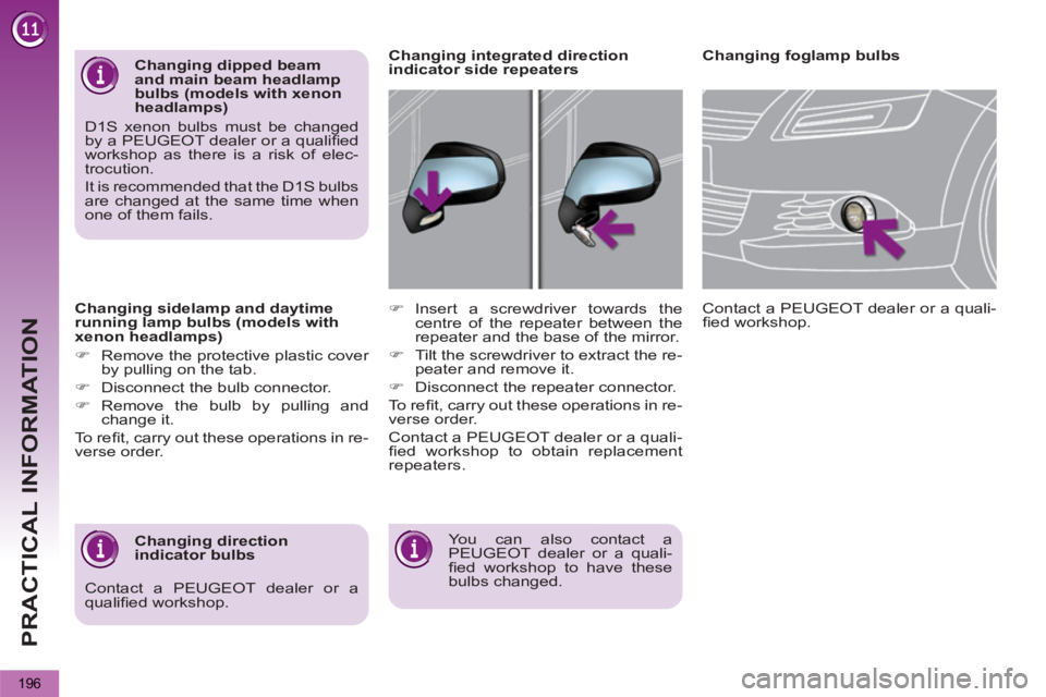 PEUGEOT 5008 2011  Owners Manual PRACTICAL INFORMATION
196
   
Changing sidelamp and daytime 
running lamp bulbs (models with 
xenon headlamps) 
   
 
�) 
  Remove the protective plastic cover 
by pulling on the tab. 
   
�) 
  Disco