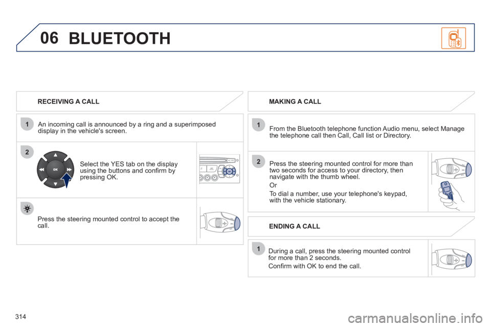 PEUGEOT 5008 2011  Owners Manual 314
06
1
2
1
2
1
OK
   
RECEIVING A CALL  
   
An incomin
g call is announced by a ring and a superimposed 
display in the vehicles screen.  
   
Select the YES tab on the display 
using the buttons 