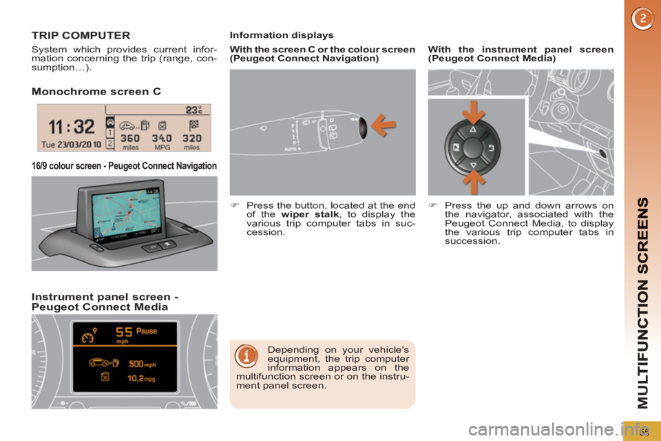 PEUGEOT 5008 2011  Owners Manual M
U
55
Monochrome screen C  
Instrument 
panel screen - Peugeot Connect Media 
16/9 colour screen - Peugeot Connect Navigation
TRIP COMPUTER
  System which provides current infor-
mation concerning th