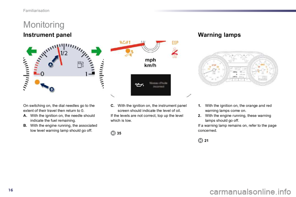 PEUGEOT 508 2010  Owners Manual 16
Familiarisation 
 Monitoring 
 On switching on, the dial needles go to the extent of their travel then return to 0. A.   With the ignition on, the needle should indicate the fuel remaining. B.   Wi