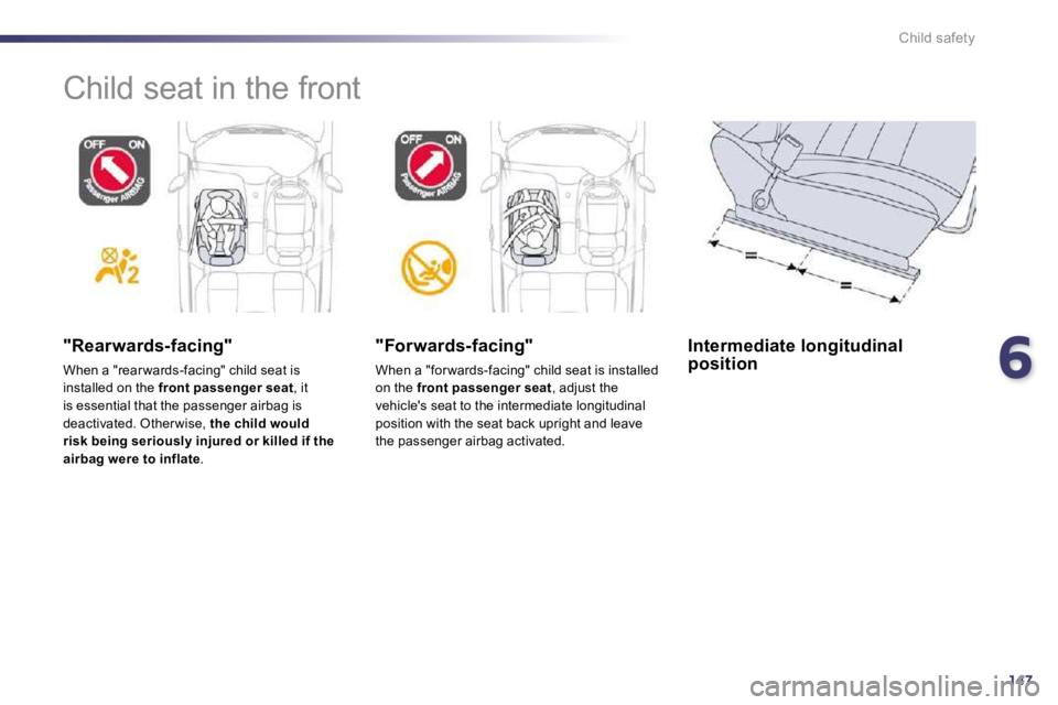 PEUGEOT 508 2010  Owners Manual 6147
Child safety
 Child seat in the front  
  "Rearwards-facing" 
 When a "rear wards-facing" child seat is installed on the  front passenger seat , it is essential that the passenger airbag is deact