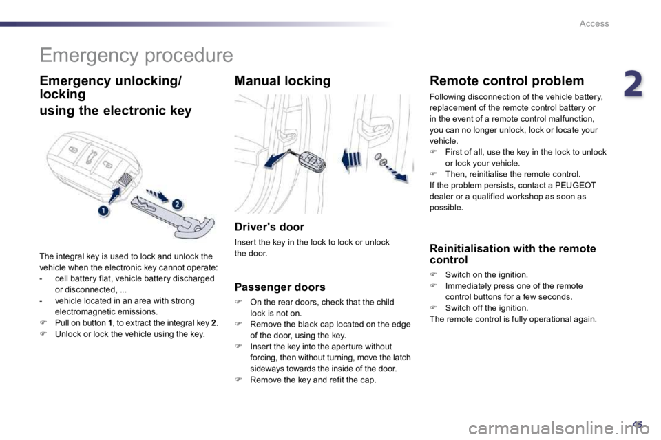 PEUGEOT 508 2010  Owners Manual 245
Access
      Emergency procedure 
  Emergency unlocking/
locking  
using the electronic key 
 The integral key is used to lock and unlock the vehicle when the electronic key cannot operate:    -  