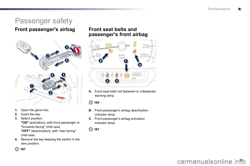 PEUGEOT 508 DAG 2010  Owners Manual .
17
Familiarisation
 Passenger safety 
1.   Open the glove box. 2.   Inser t the key. 3.   Select position:     "ON"  (activation), with front passenger or "for wards facing" child seat,     "OFF"  (