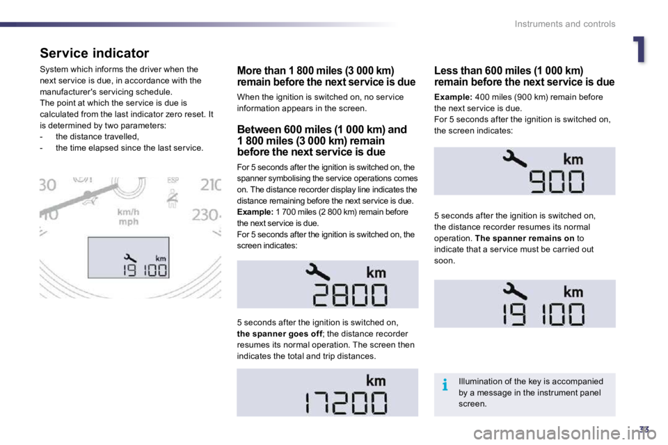 PEUGEOT 508 DAG 2010 Owners Manual 133
i
Instruments and controls
Service indicator
More than 1 800 miles (3 000 km) remain before the next service is due
When the ignition is switched on, no ser vice information appears in the sc PEUGEOT 508 DAG 2010 Owners Manual 133
i
Instruments and controls
Service indicator
More than 1 800 miles (3 000 km) remain before the next service is due
When the ignition is switched on, no ser vice information appears in the sc