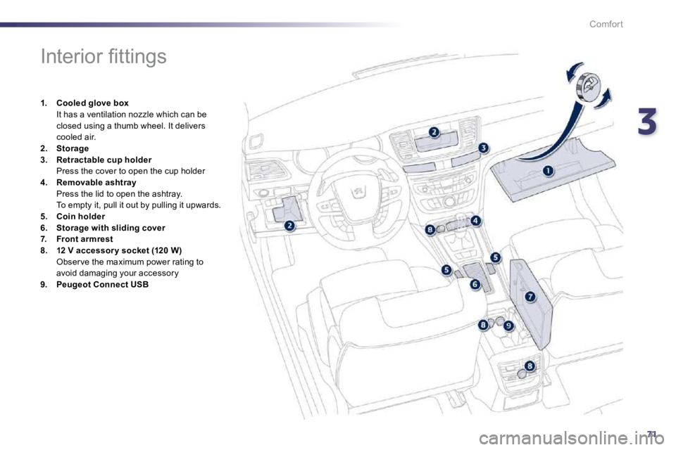 PEUGEOT 508 DAG 2010  Owners Manual 371
Comfort
                  
�I�n�t�e�r�i�o�r� �ﬁ� �t�t�i�n�g�s� 
1.    Cooled glove box  It has a ventilation nozzle which can be closed using a thumb wheel. It delivers cooled air. 2.    Storage