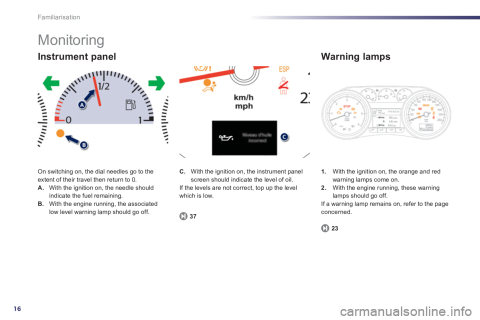 PEUGEOT 508 HYBRID DAG 2012  Owners Manual 16
Familiarisation
  Monitoring 
On switching on, the dial needles go to theextent of their travel then return to 0. A. 
  With the ignition on, the needle shouldindicate the fuel remaining. B.With th
