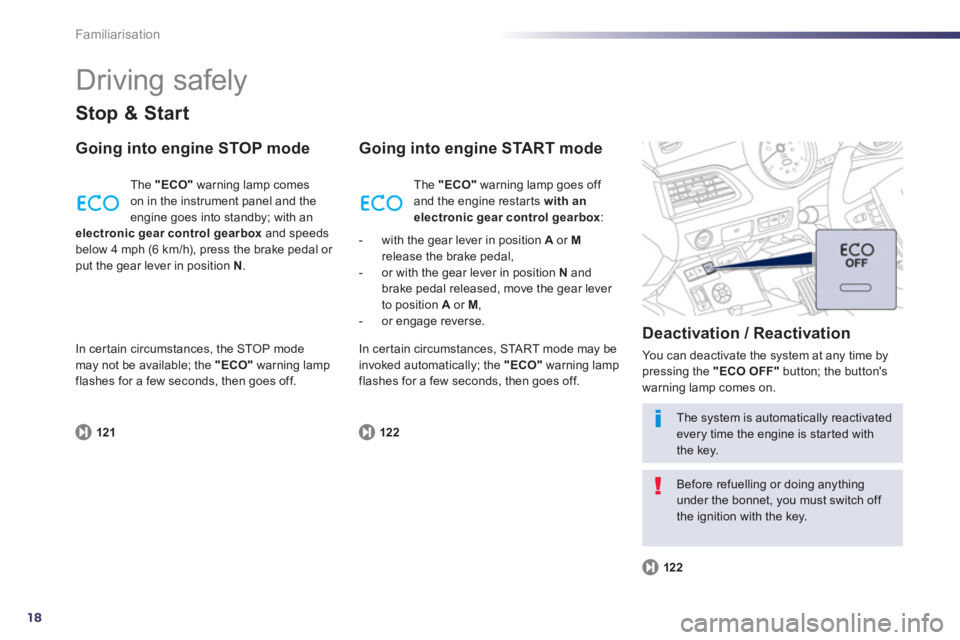 PEUGEOT 508 HYBRID DAG 2012  Owners Manual 18
Familiarisation
  Driving safely 
Stop & Start
Going into engine STOP mode 
121
 
The  "ECO"warning lamp comes
on in the instrument panel and the 
engine goes into standby; with anelectronic gear c