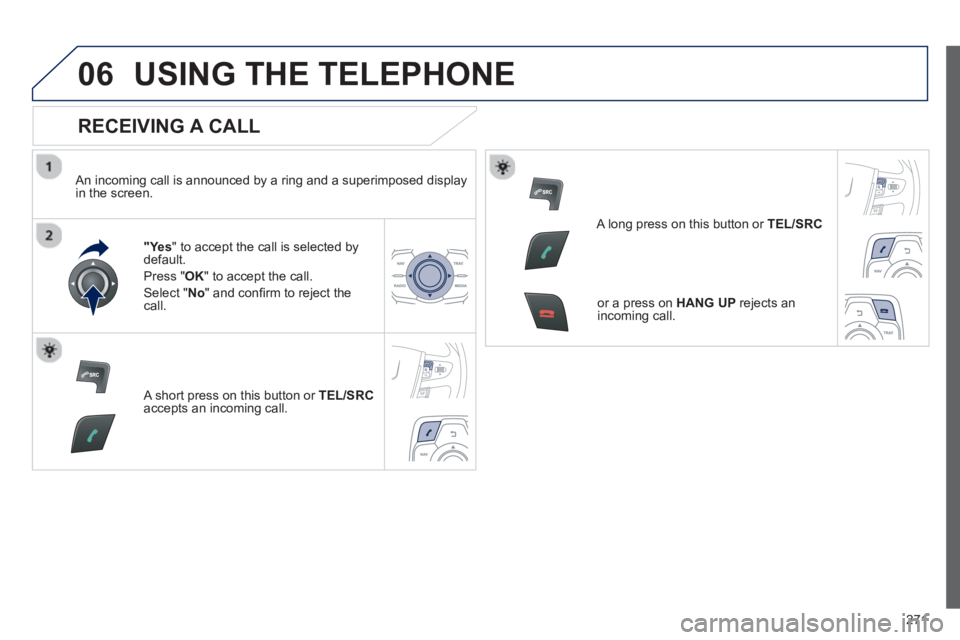 PEUGEOT 508 HYBRID DAG 2012  Owners Manual 
271

06USING THE TELEPHONE
  
RECEIVING A CALL 
  An incoming call is announced by a ring and a superimposed displayin the screen.
"Ye s" to accept the call is selected bydefault. 
Pr
ess "  OK" to a