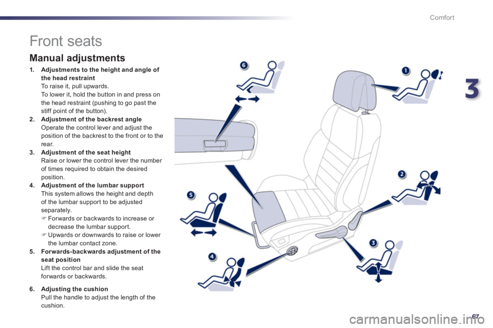 PEUGEOT 508 HYBRID DAG 2012  Owners Manual 3
67
Comfort
   
 
 
 
 
 
 
 
 
 
 
 
 
 
 
 
 
Front seats 
 
 
Manual adjustments 
1.Adjustments to the height and angle of 
the head restraint
  To raise it, pull upwards.  
 To lower it, hold the