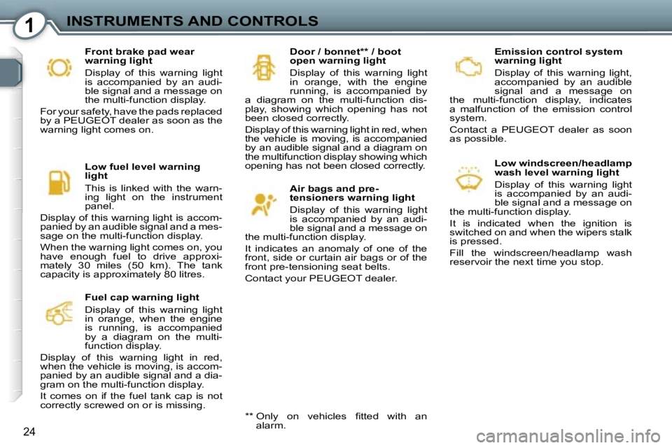 PEUGEOT 607 2006  Owners Manual �1�I�N�S�T�R�U�M�E�N�T�S� �A�N�D� �C�O�N�T�R�O�L�S
�2�4
�E�m�i�s�s�i�o�n� �c�o�n�t�r�o�l� �s�y�s�t�e�m�  
�w�a�r�n�i�n�g� �l�i�g�h�t 
�D�i�s�p�l�a�y�  �o�f�  �t�h�i�s�  �w�a�r�n�i�n�g�  �l�i�g�h�t�,� 