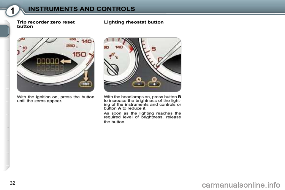 PEUGEOT 607 2006  Owners Manual �1�I�N�S�T�R�U�M�E�N�T�S� �A�N�D� �C�O�N�T�R�O�L�S
�3�2
�T�r�i�p� �r�e�c�o�r�d�e�r� �z�e�r�o� �r�e�s�e�t 
�b�u�t�t�o�n�L�i�g�h�t�i�n�g� �r�h�e�o�s�t�a�t� �b�u�t�t�o�n
�W�i�t�h�  �t�h�e�  �i�g�n�i�t�i�