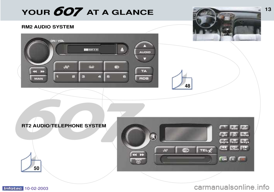 PEUGEOT 607 2003  Owners Manual 13YOUR AT A GLANCE
10-02-2003
RM2 AUDIO SYSTEM 
RT2 AUDIO/TELEPHONE SYSTEM 
48
50      